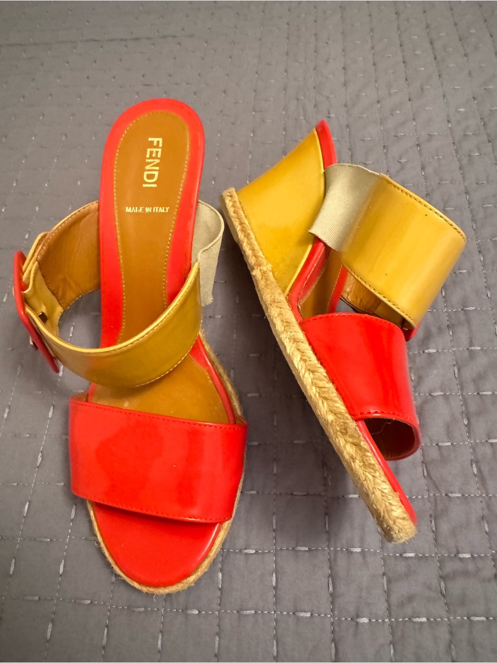 Fendi Red and Mustard Patent Wedge Slide Sandals - Women - Picture 5 of 7